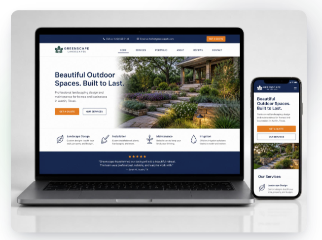 Professional small business website shown on a laptop and phone